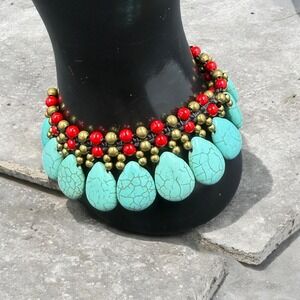 Turquoise Teardrop Beaded Bracelet Boho Western Festival Statement Jewelry